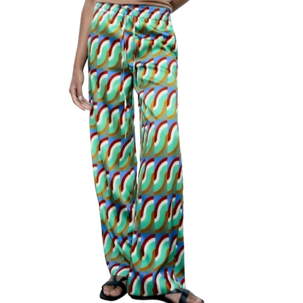 ZARA Green Multicolored Wideleg Satin Effect Women's Pants Sz Xsmall NWT